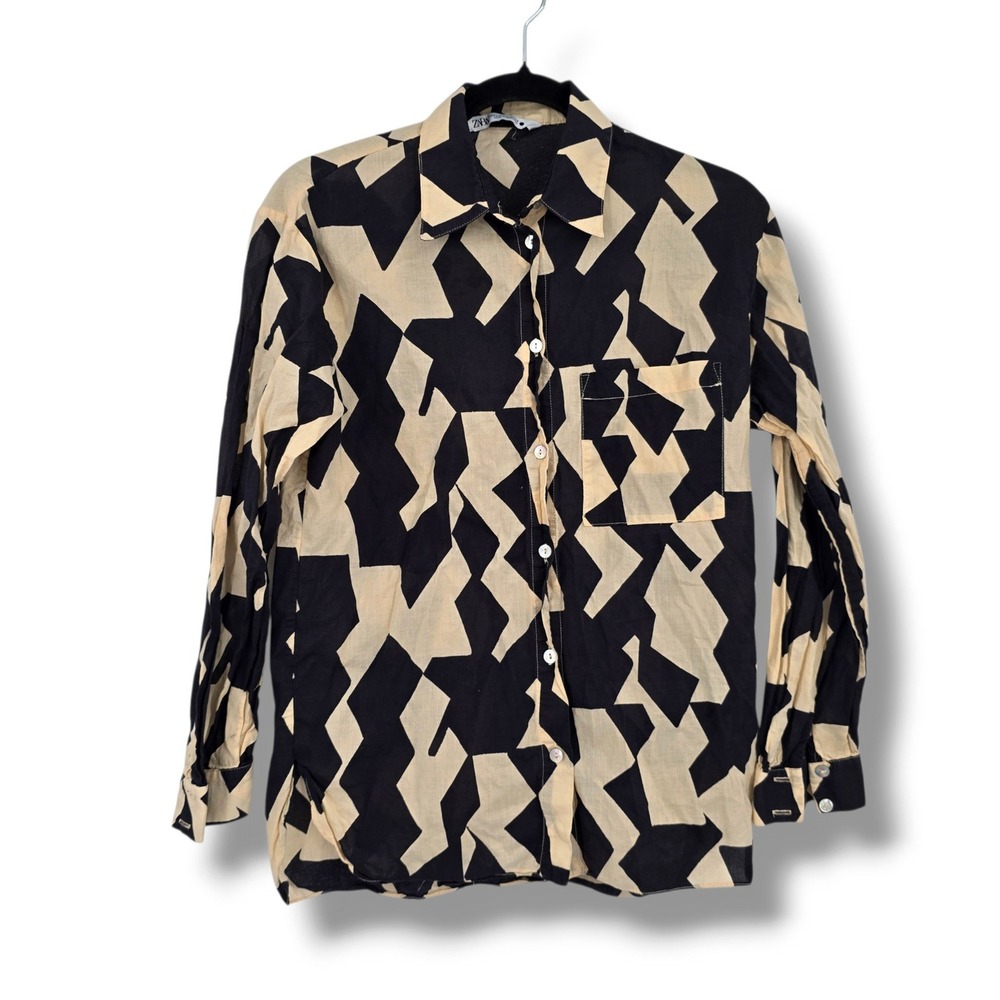 Zara Women Black Cream Geometric Abstract Print Long Sleeve Button Down Shirt XS